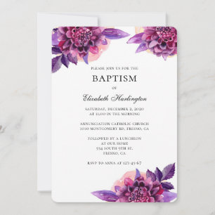 Purple flowers watercolor baptism invitation