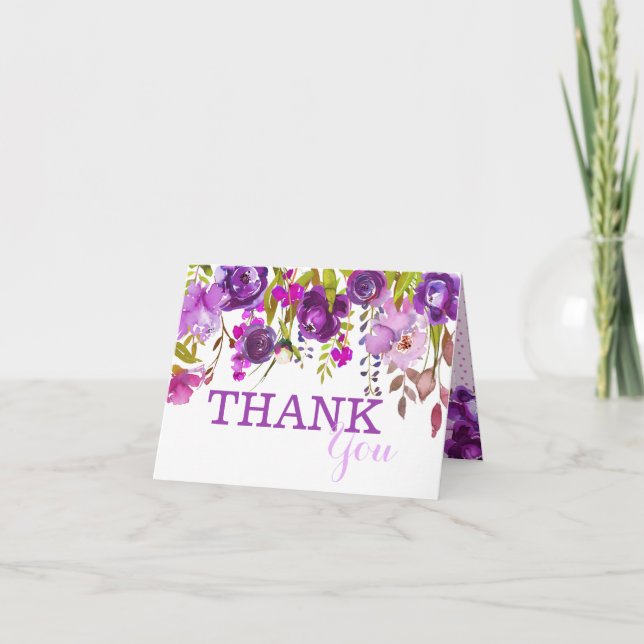 Purple Flowers Watercolor Floral Thank You Card (Front)