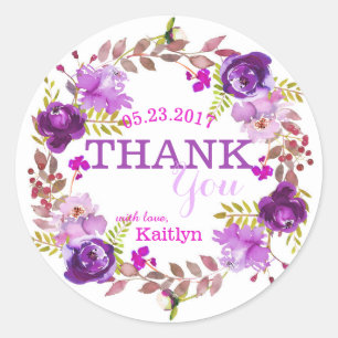Purple Flowers Watercolor Floral Wreath Thank You Classic Round Sticker