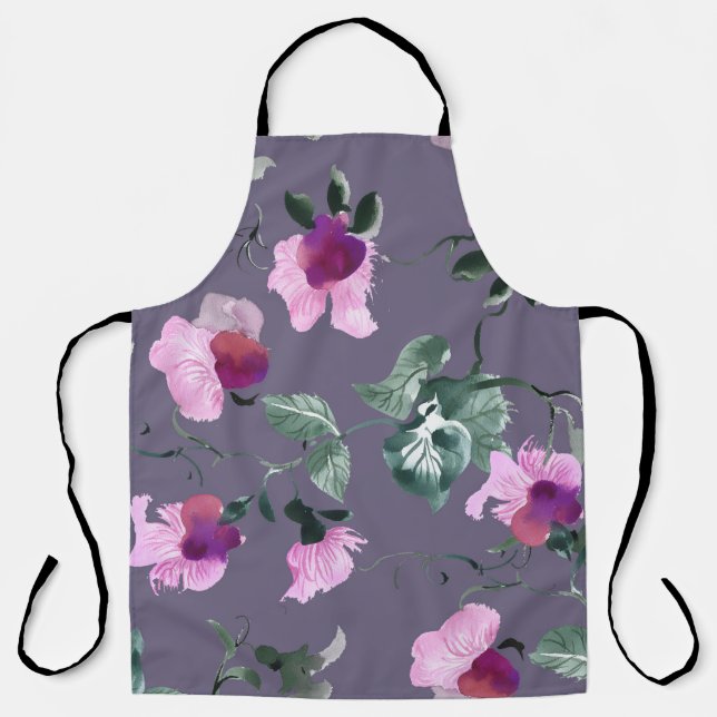 Purple flowers: watercolor seamless pattern. apron (Front)