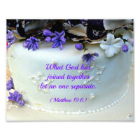 Purple flowers wedding cake with Bible verse