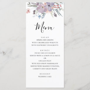 Purple flowers wedding menu. Lavender dinner menu