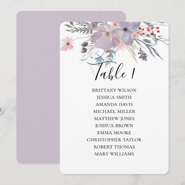 Purple flowers wedding seating chart. Botanical Invitation (Front/Back)