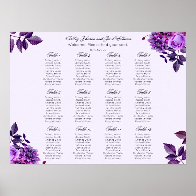 Purple flowers wedding seating chart. Lilac floral Poster (Front)
