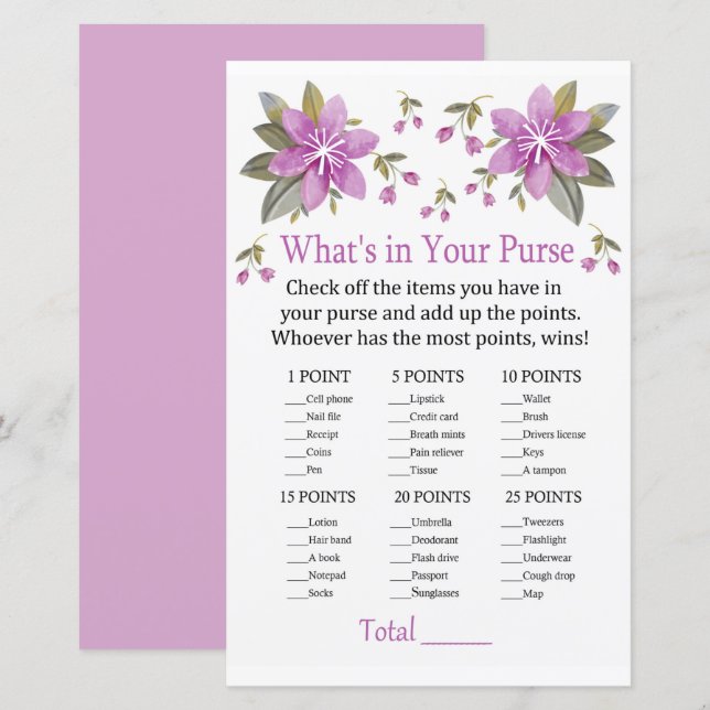 Purple flowers What's in your purse game (Front/Back)