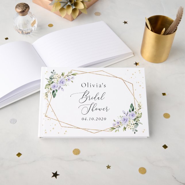 Purple Flowers, White Flowers, Boho, Bridal Shower Guest Book (Front Open)