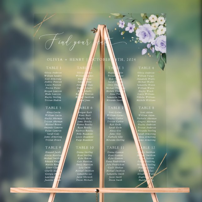 Purple Flowers, White Flowers, Boho, Seating Chart (Neutral)