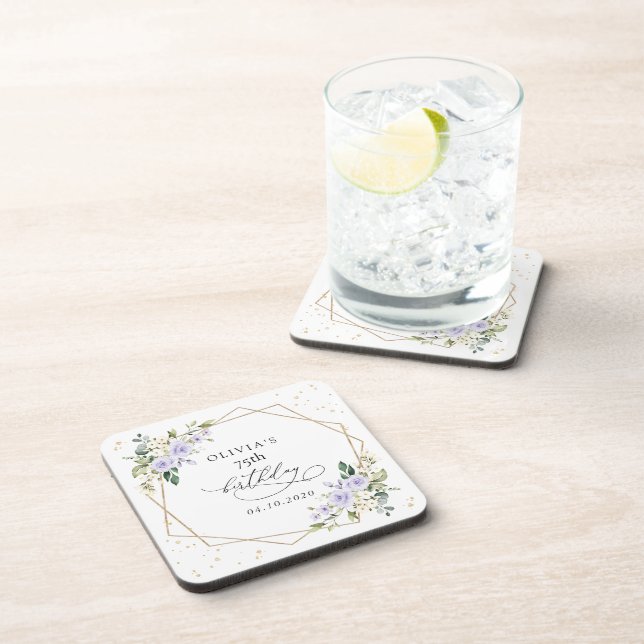 Purple Flowers, White Flowers, Greenery, Birthday Coaster (Right Side)