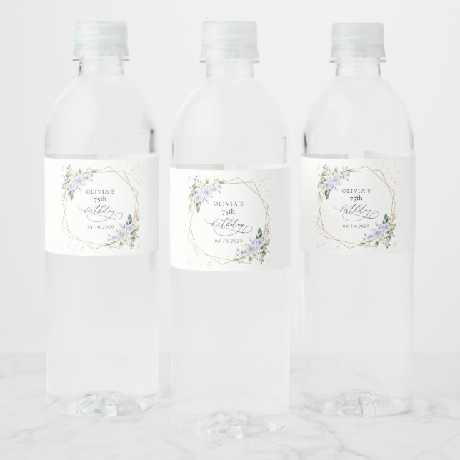 Purple Flowers, White Flowers, Greenery, Birthday Water Bottle Label (Bottles)