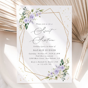 Purple Flowers, White Flowers, Greenery, Sweet 16 Invitation