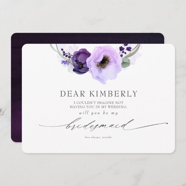 Purple Flowers Will You Be My Bridesmaid Proposal Invitation (Front/Back)