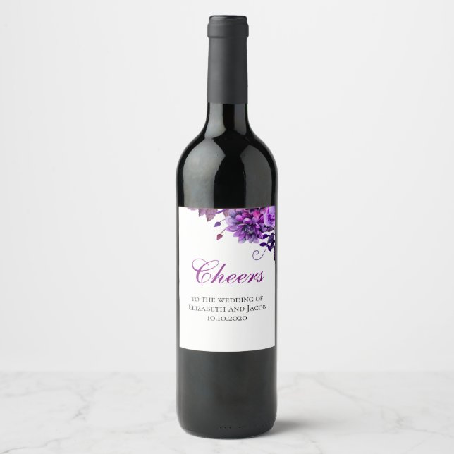 Purple flowers wine glass. Cheers to the wedding Label (Front)