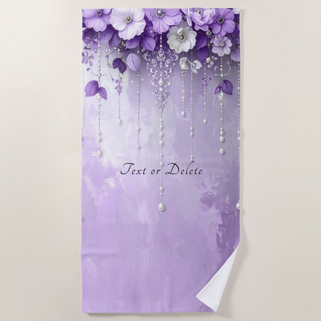 Purple Flowers with Dangling Pearls Beach Towel (Front)