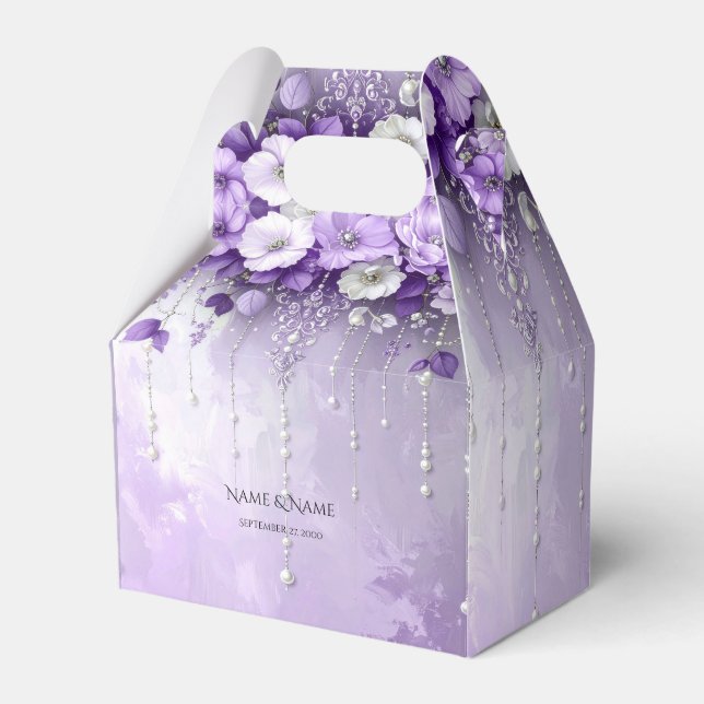 Purple Flowers with Dangling Pearls Favour Box (Front Side)
