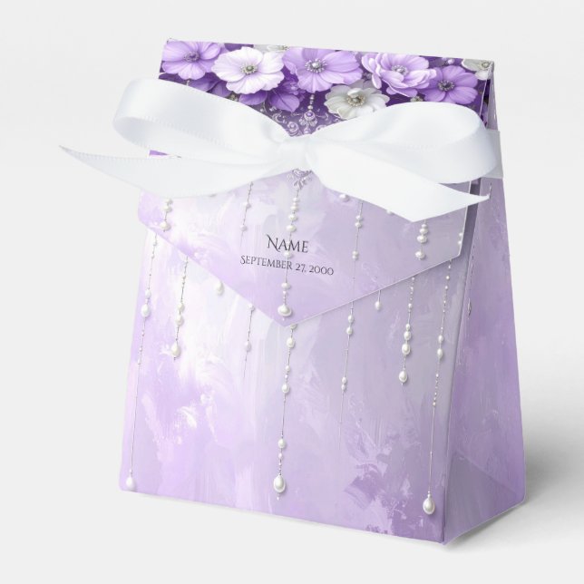 Purple Flowers with Dangling Pearls Favour Box (Front Side)