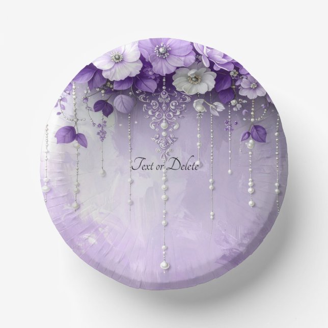 Purple Flowers with Dangling Pearls Paper Plate (Front)