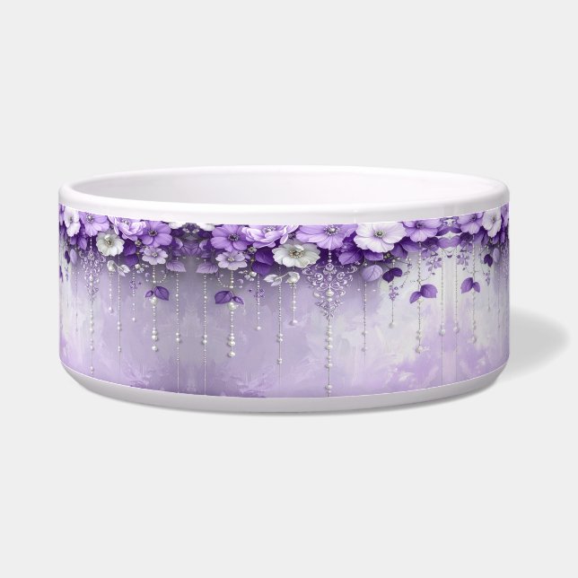 Purple Flowers with Dangling Pearls Pet Bowl (Left)