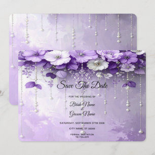 Purple Flowers with Dangling Pearls Save The Date