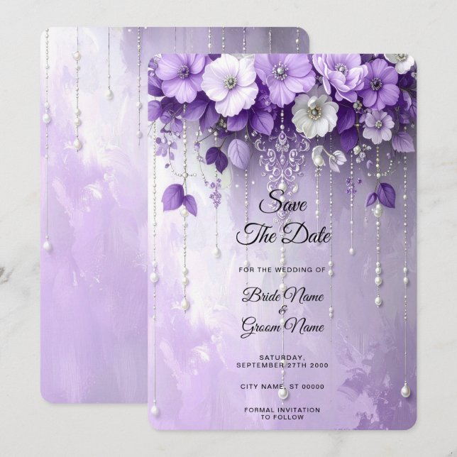 Purple Flowers with Dangling Pearls Save The Date (Front/Back)