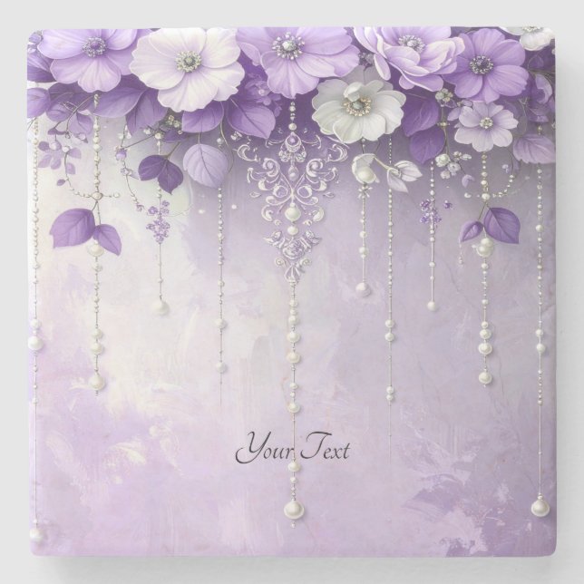 Purple Flowers with Dangling Pearls Stone Coaster (Front)