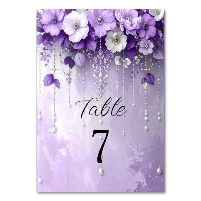 Purple Flowers with Dangling Pearls Table Number (Front)