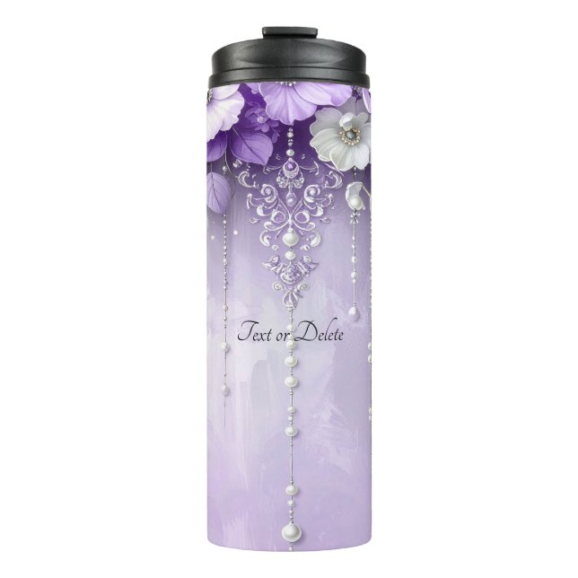 Purple Flowers with Dangling Pearls Thermal Tumbler (Front)