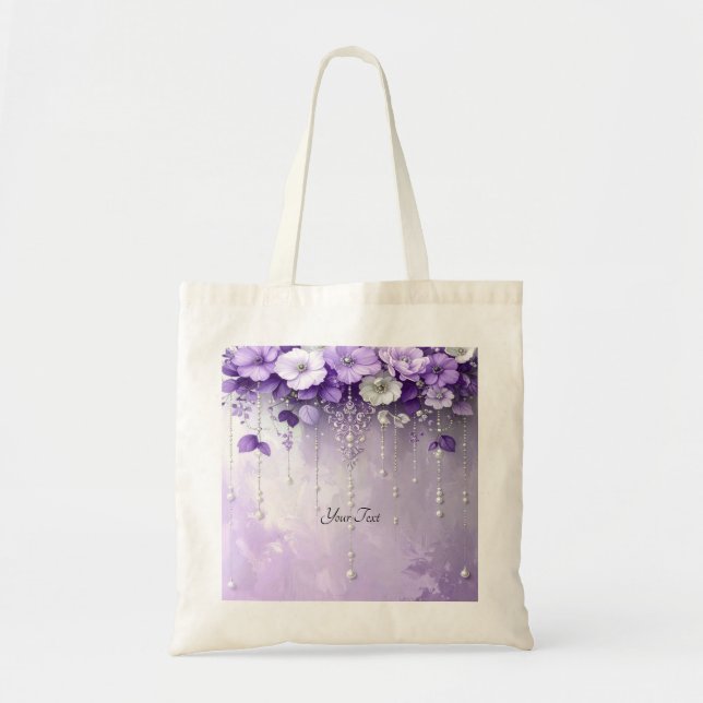 Purple Flowers with Dangling Pearls Tote Bag (Front)
