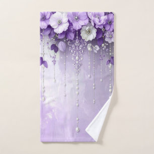 Purple Flowers with Dangling Pearls Towel Set