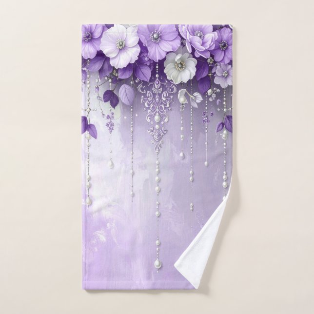 Purple Flowers with Dangling Pearls Towel Set (Hand Towel)