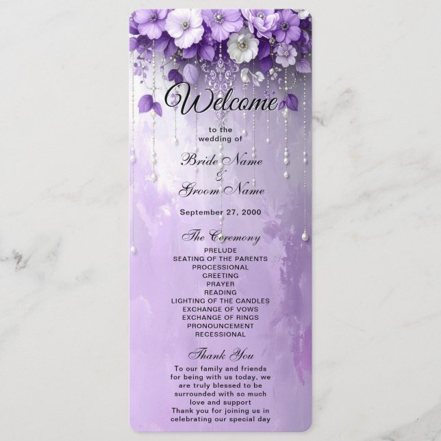 Purple Flowers with Dangling Pearls Wedding Program (Front)