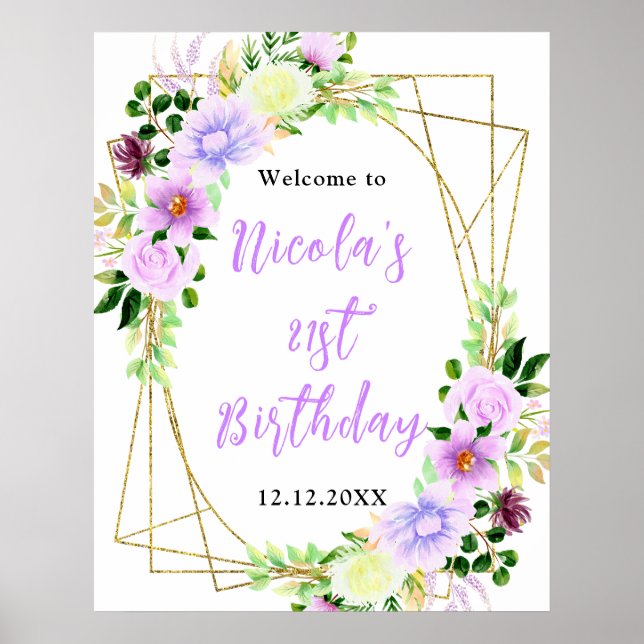 Purple Flowers with Foliage Birthday Welcome Poster (Front)