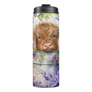 Purple Flowers with Highland Cow Thermal Tumbler