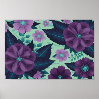 Purple Flowers with Leaves on Mint Background Poster