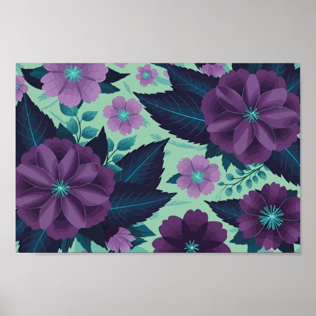 Purple Flowers with Leaves on Mint Background Poster (Front)