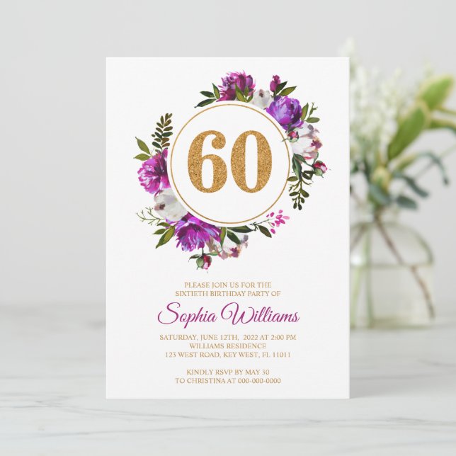 Purple flowers Wreath 60th Birthday Invitation (Standing Front)