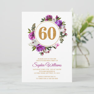 Purple flowers Wreath 60th Birthday Invitation