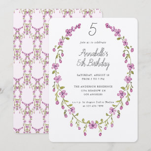 Purple Flowers Wreath Delicate Kids Birthday Party Invitation