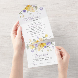 Purple Flowers, Yellow Flowers, Boho, Baby Shower All In One Invitation