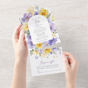 Purple Flowers, Yellow Flowers, Boho, Baby Shower All In One Invitation