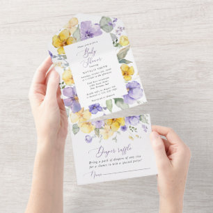 Purple Flowers, Yellow Flowers, Boho, Baby Shower All In One Invitation