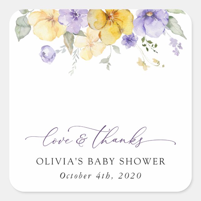 Purple Flowers, Yellow Flowers, Boho, Baby Shower Square Sticker (Front)