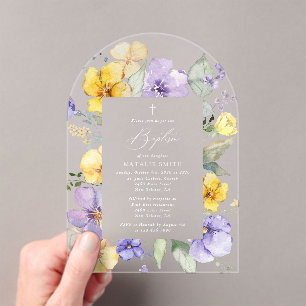 Purple Flowers, Yellow Flowers, Boho, Baptism Acrylic Invitations