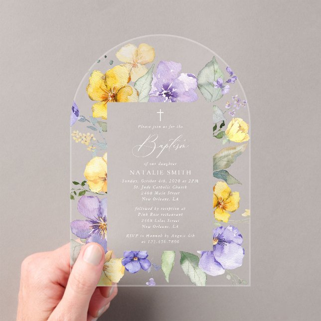 Purple Flowers, Yellow Flowers, Boho, Baptism Acrylic Invitations (Insitu (Handheld))