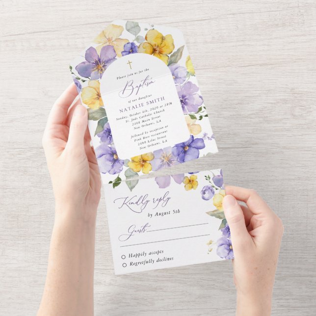 Purple Flowers, Yellow Flowers, Boho, Baptism All In One Invitation (Tearaway)