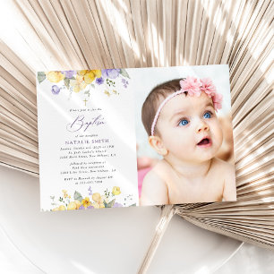 Purple Flowers, Yellow Flowers, Boho, Baptism Invitation