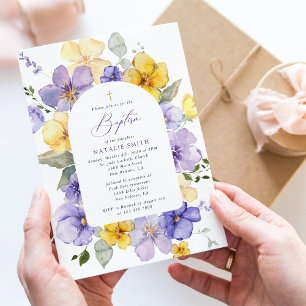 Purple Flowers, Yellow Flowers, Boho, Baptism Invitation