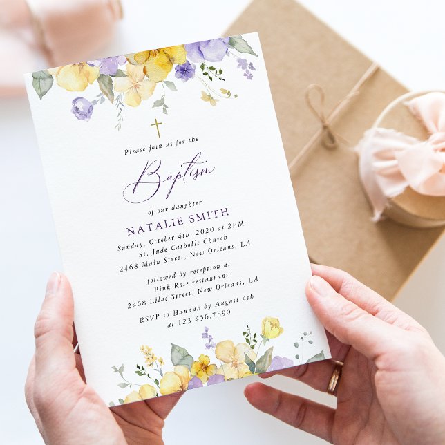 Purple Flowers, Yellow Flowers, Boho, Baptism Invitation (Creator Uploaded)