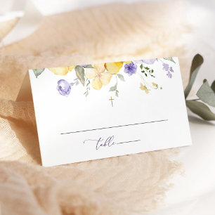 Purple Flowers, Yellow Flowers, Boho, Baptism Place Card