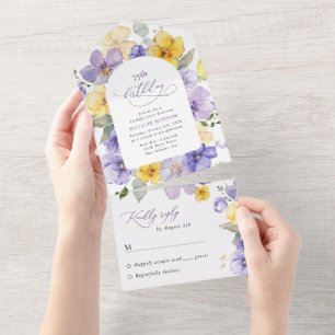 Purple Flowers, Yellow Flowers, Boho, Birthday All In One Invitation