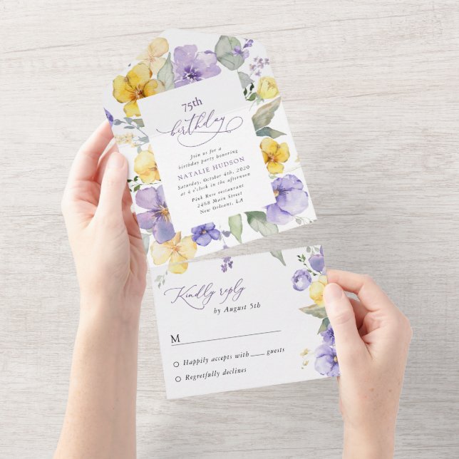 Purple Flowers, Yellow Flowers, Boho, Birthday All In One Invitation (Tearaway)